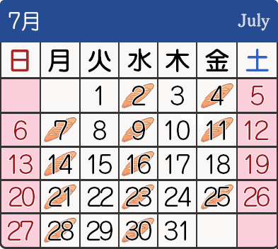 2025年7月の営業＆焼き立てパンスケジュール
